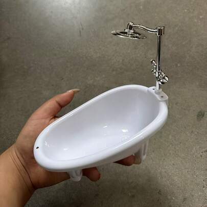 1个迷你白色浴缸模型，带水龙头和淋浴喷头 - 塑料娃娃屋浴室装饰，创意微景观配件，DIY场景制作 | 精致浴室微缩模型 | 精细水龙头设计