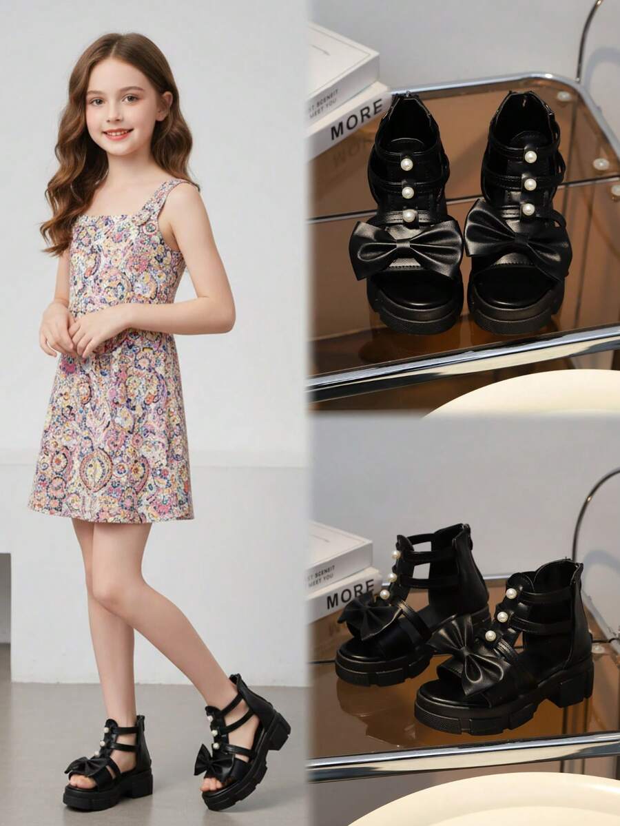 1双黑色厚底儿童凉鞋，PU皮革编织带，珍珠装饰，蝴蝶结，简约设计，包头，粗跟，露趾，时尚可爱罗马凉鞋，适合5-15岁女孩日常、休闲、度假、派对穿着，2026春夏款 - 黑色 - 查看 1