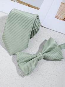1pc/2pcs Minimalist Striped Light Green Necktie & Bow Tie Set, Versatile For Business, Commute, Party - Mint Green - View 10