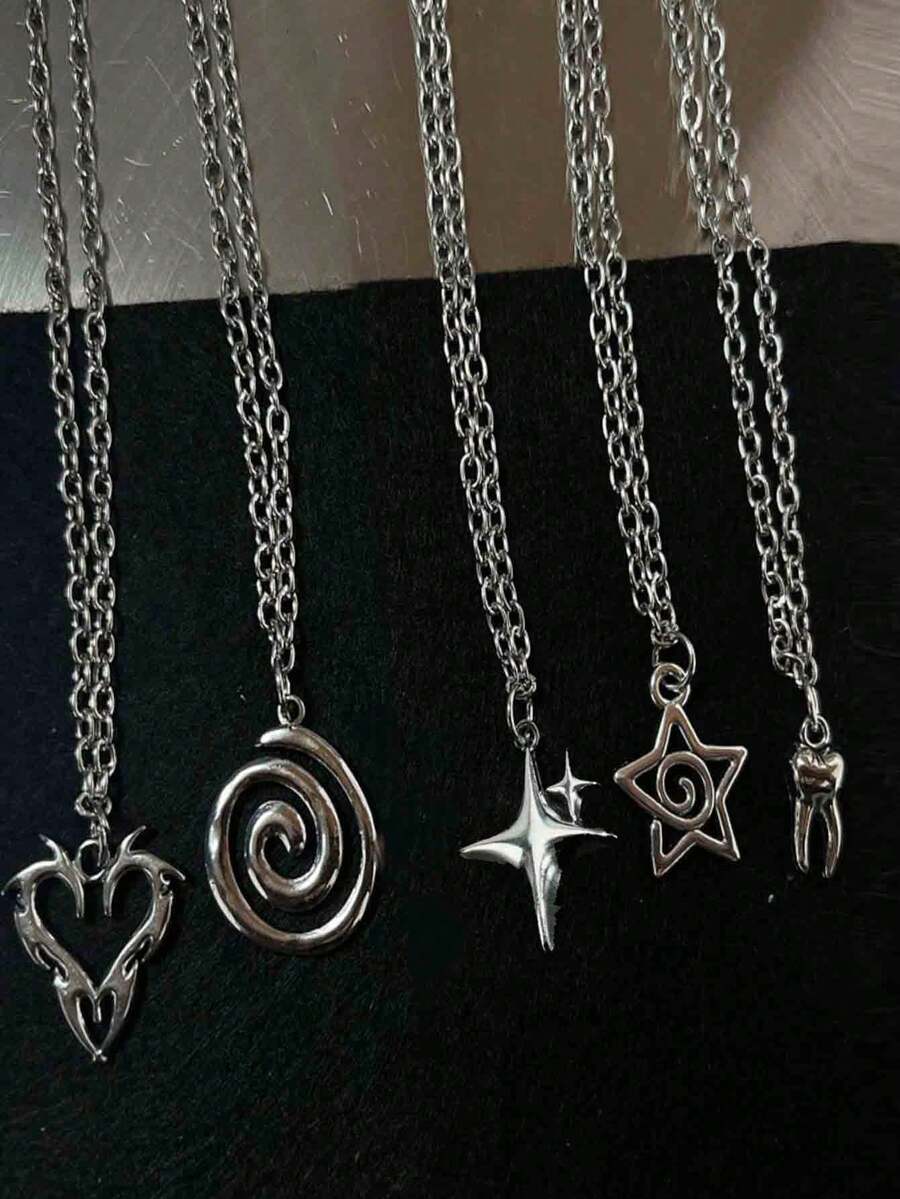 Bộ 5 chiếc vòng cổ phong cách Gothic cổ điển hình ngôi sao, trái tim, răng, kiếm, ngôi sao, trái tim tan chảy thời kỳ Y2K dành cho nam và nữ - Bạc - Xem 1
