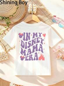 Disney Mickey And Minnie Mouse Castle Themed Cartoon Print, Casual And Simple Short Sleeved T-Shirt, Suitable For Spring And Summer Seasons, Suitable For Both Boys And Girls. Festival Gift - 白色 - 查看 3