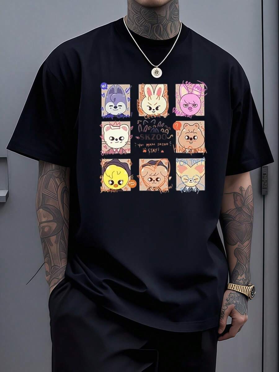 Nueve adorables animales caricaturescos muestran personalidades únicas con expresiones divertidas y colores vivos que transmiten alegría y energía positiva camiseta de hombre de algodón suave ideal para uso diario y momentos casuales - Negro - Ver 1