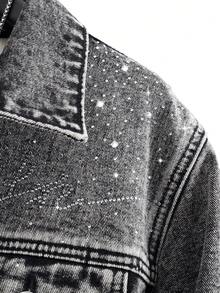 Chaqueta de mezclilla con adornos de diamante de imitación para hombres, primavera/otoño 2026, cuello vuelto, manga larga, estilo casual de calle - Gris Oscuro - Ver 6