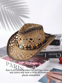 1顶男女通用宝石装饰西部牛仔帽，镂空印花草帽，春夏旅行防晒沙滩帽，休闲遮阳帽（收到产品后，如果帽檐变形，需要手动调整恢复原状） - C - 查看 28