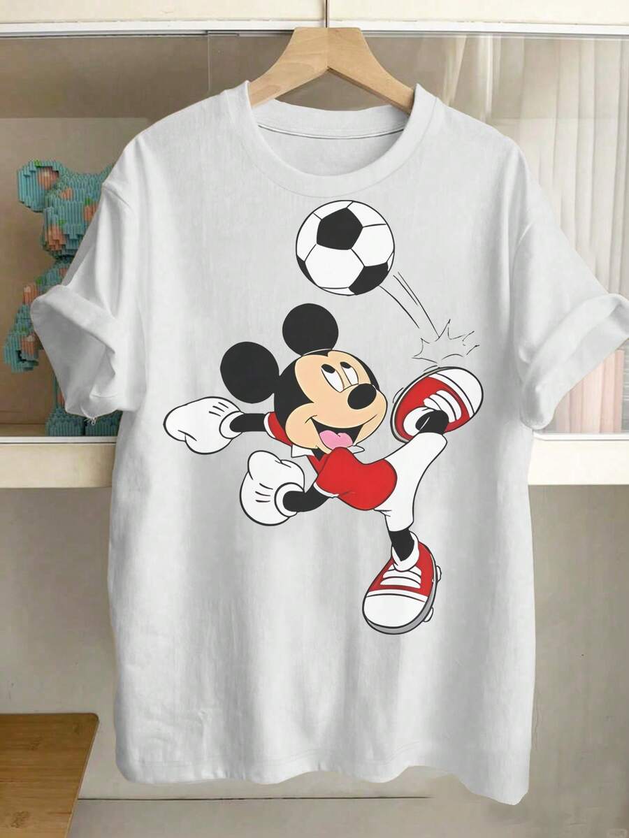 Disney Mickey Plays Football. T-Shirt | Officially Authorized Printed Women'S Short-Sleeved T-Shirt, Casual Style, Anime Pattern, Perfect For Spring And Summer, Ideal For Gift Giving - White - View 1