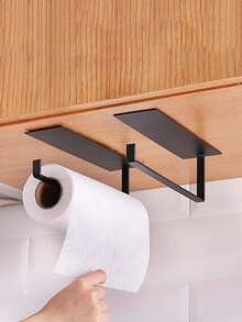 Carbon Steel No-Drill Paper Towel Holder, Kitchen/Bathroom Tissue Roll Rack, Adhesive Mounted Cleaning Cloth Hanger, Large Square Bathroom Storage Shelf - Multicolor - View 3