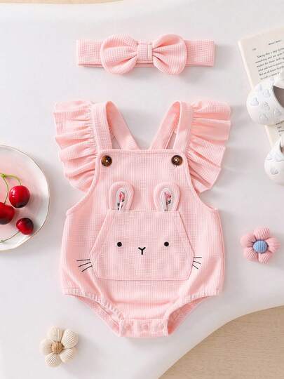 Bộ áo liền quần tay ngắn màu hồng hình thỏ cho bé gái, kèm băng đô nơ, thoáng khí, chất liệu vải waffle, thích hợp cho chụp ảnh kỷ niệm 100 ngày tuổi.
