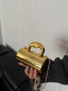 Avant-Garde Shiny Gold Handbag, Party Evening Bag, Glossy Silver Purse, Mini Chain Shoulder Bag, Lipstick & Earphone Pouch, Coin Purse - Gold - View 4