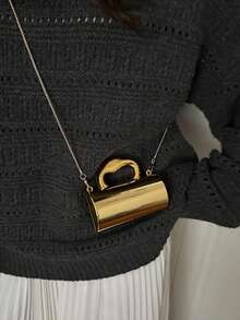 Avant-Garde Shiny Gold Handbag, Party Evening Bag, Glossy Silver Purse, Mini Chain Shoulder Bag, Lipstick & Earphone Pouch, Coin Purse - Gold - View 2