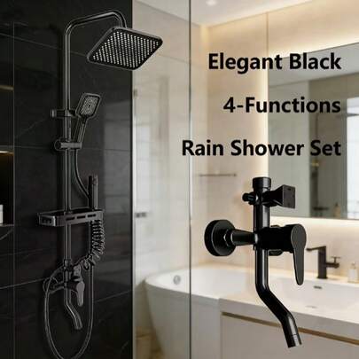 Sistema de ducha contemporáneo negro 3 en 1 - Ducha de lluvia, ducha de mano y jets corporales, kit de ducha de baño de fácil instalación con estante