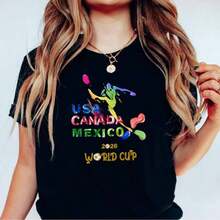 1pcsUSA Canada Mexico 2026 World Cup T-Shirt Colorful Soccer Fan Shirt Football Art Graphic Tee World Cup 2026 Fan Gift Unis180gMinimalist Women's Short Sleeve Casual Top - 黑色 - 查看 6