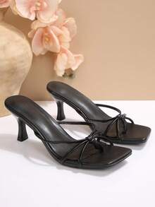 Women's Mule Style Shoes With Flip Flops Strappy Sandals Square Open Toe Kitten Low Heels Sandal Knotted Design Summer Fashion For Casual Party Wedding Thong - 黑色 - 查看 3