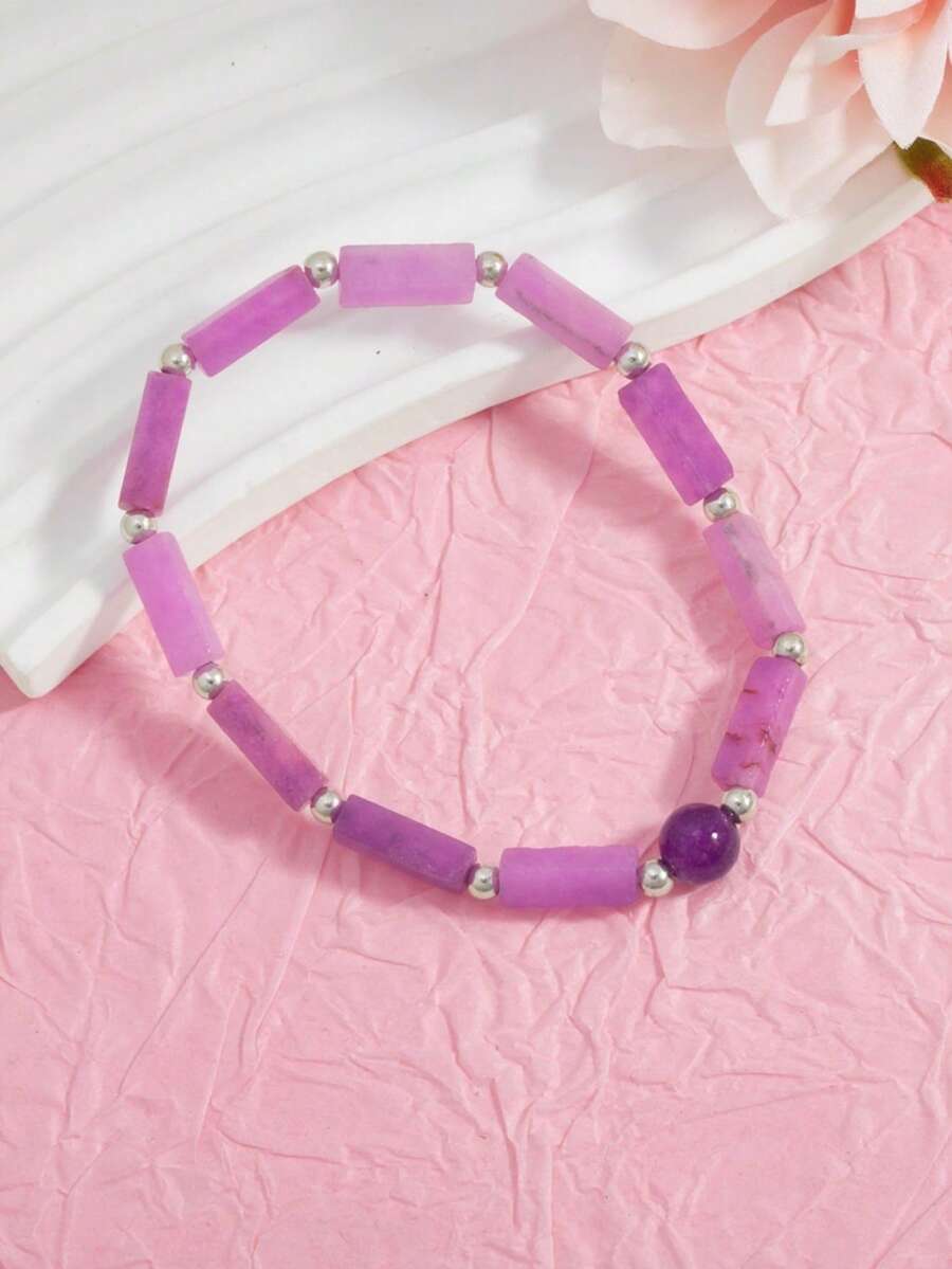 1 chiếc vòng tay hình chữ nhật bằng đá tự nhiên, vòng tay thạch anh tím, thích hợp đeo hàng ngày, tối giản, đa năng, thanh lịch, vòng tay co giãn (Đá tự nhiên có thể khác nhau) - Một cỡ - Xem 1