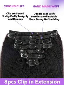 卷曲直发夹式接发，真人发，4C型真人发，20英寸，8片装；卷曲直发夹式接发，真人发，全头夹式接发，女士适用；Yaki直发夹式接发，Remy真人发，自然黑色，8片装，18个夹子，长度可选8-20、22、24、26、28英寸 - Natural Black - 查看 4