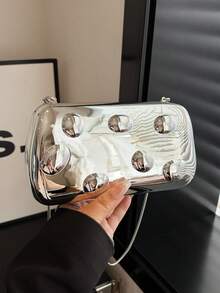 Avant-Garde Shiny Evening Clutch Bag, Metallic Finish Women's Party Box Bag With Metal Chain Strap, Suitable For Parties And Nighttime Events - Silver - View 3