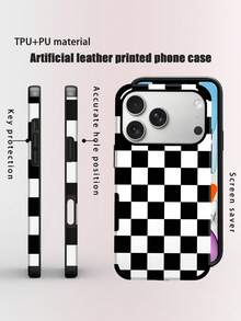 1个格子图案手机壳，时尚简约奢华格子元素UV印花超细纤维皮革软壳保护套，格子防摔耐磨，兼容 11/12 Pro/13/14 Plus/15 Pro Max/16 Pro Max - 黑與白 - 查看 1