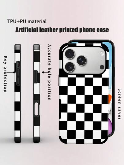 1个格子图案手机壳，时尚简约奢华格子元素UV印花超细纤维皮革软壳保护套，格子防摔耐磨，兼容 11/12 Pro/13/14 Plus/15 Pro Max/16 Pro Max