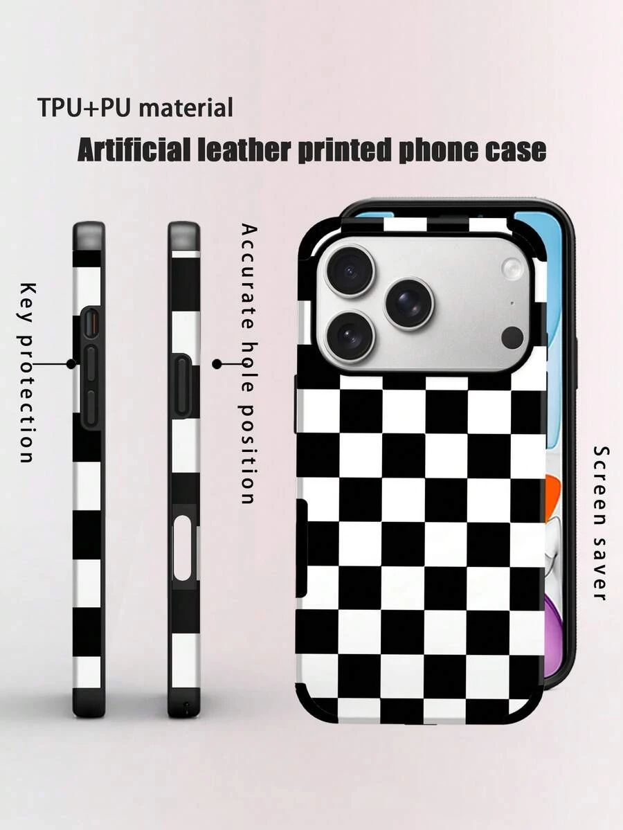 1个格子图案手机壳，时尚简约奢华格子元素UV印花超细纤维皮革软壳保护套，格子防摔耐磨，兼容 11/12 Pro/13/14 Plus/15 Pro Max/16 Pro Max - 黑與白 - 查看 1