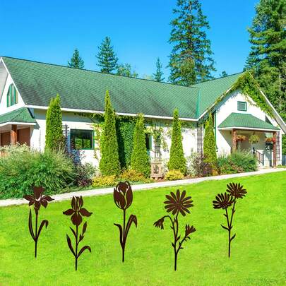 5pcs Vintage Distressed Iron Flower Shaped Garden Stakes - Retro Decorative Iron Flower Garden Stakes, Gardening Decor Crafts, Garden Borders