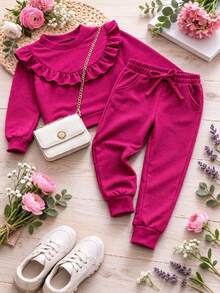 Conjunto Infantil e Juvenil para Meninas e Adolescentes Jovens Moda Teen Blusa com Babado e Calça Conjunto Infantil Menina de 2 Peças no Tecido Lanzinha (CJI031) - Pink - Visão 2