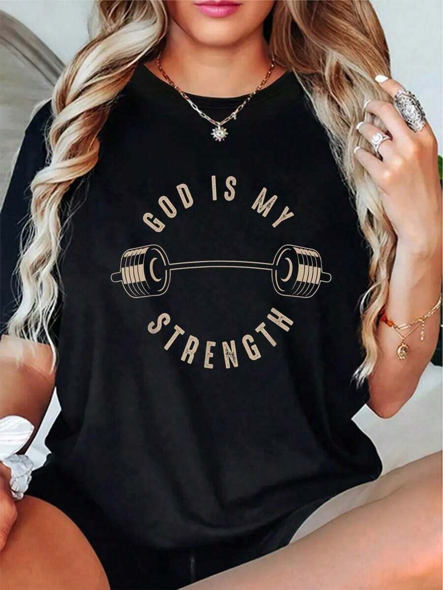Camiseta Casual 100% Algodón con la Frase "Dios Es Mi Fuerza"| Camiseta Divertida de Regalo para Gimnasio: "Cute God Is Rock" - Negro - Ver 1