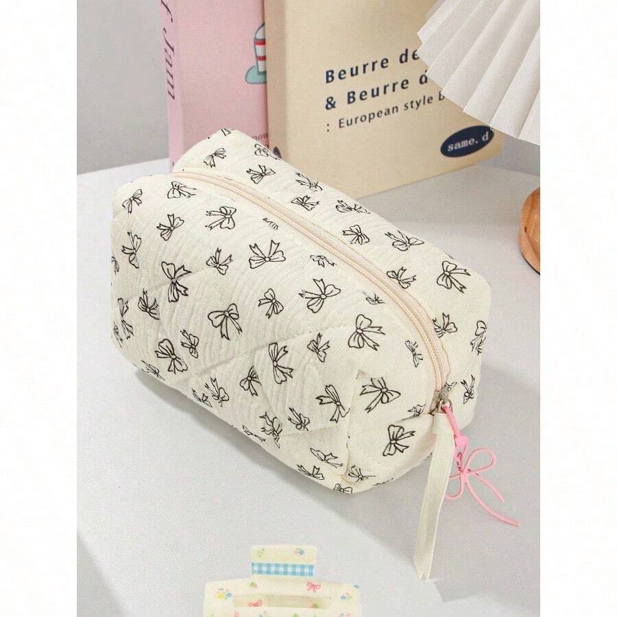 Cute Bow Make Up Bag Cute Bow Knot Pattern Toiletries Bag Travel Make Organizer Zipper Pouch, Quilted Cosmetics Bag, Stylish Foldable Commuter Makeup Bag For Brushes Aesthetic Cosmetic Bag For Gift, Friend, Girls, Student Quilted Floral Flower Zippered Makeup Bag Cute Floral Cosmetic Bag With Zipper Gift Storage Jewelry Organizer Box Bathroom Set Valentines Back To School Supplies - màu đen - Xem 1