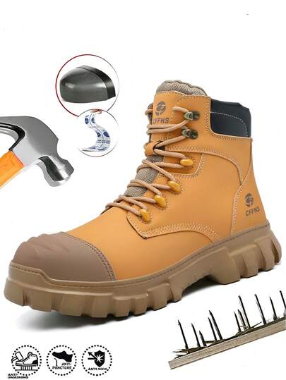 New Men's Steel Toe Safety Boots, Anti-Smash And Anti-Puncture Work Boots, High-Top Lace-Up Hiking Boots Suitable For Outdoor Work, Hunting, All Seasons, Black/Yellow