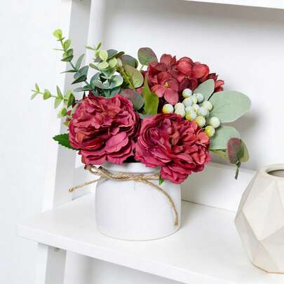 1pc Artificial Burgundy Peony Hydrangea Potted Plant - Vintage DIY Decor | Approx. 8.6 Inches Incl. Jute Rope & White Pot | Perfect For Living Room, Dining Room, Entryway, Study, Office Decor, Maintenance-Free With Long-Lasting Fresh Feel, Versatile For Daily And Holiday Decoration