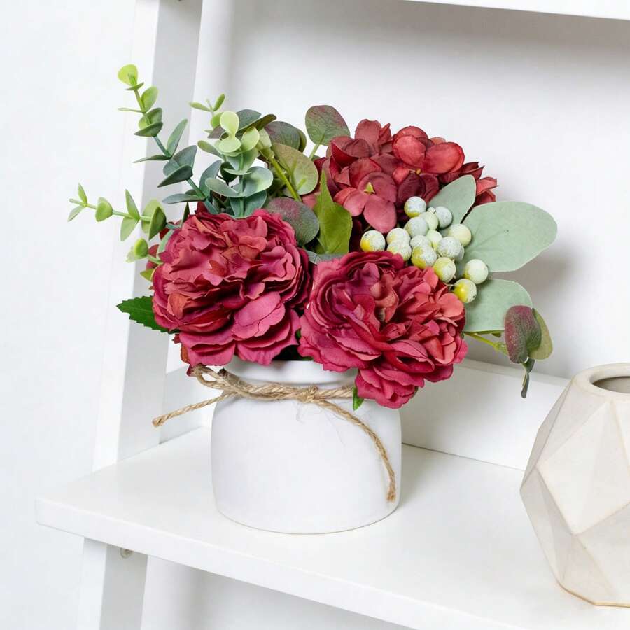 1pc Artificial Burgundy Peony Hydrangea Potted Plant - Vintage DIY Decor | Approx. 8.6 Inches Incl. Jute Rope & White Pot | Perfect For Living Room, Dining Room, Entryway, Study, Office Decor, Maintenance-Free With Long-Lasting Fresh Feel, Versatile For Daily And Holiday Decoration - Merah - View 1