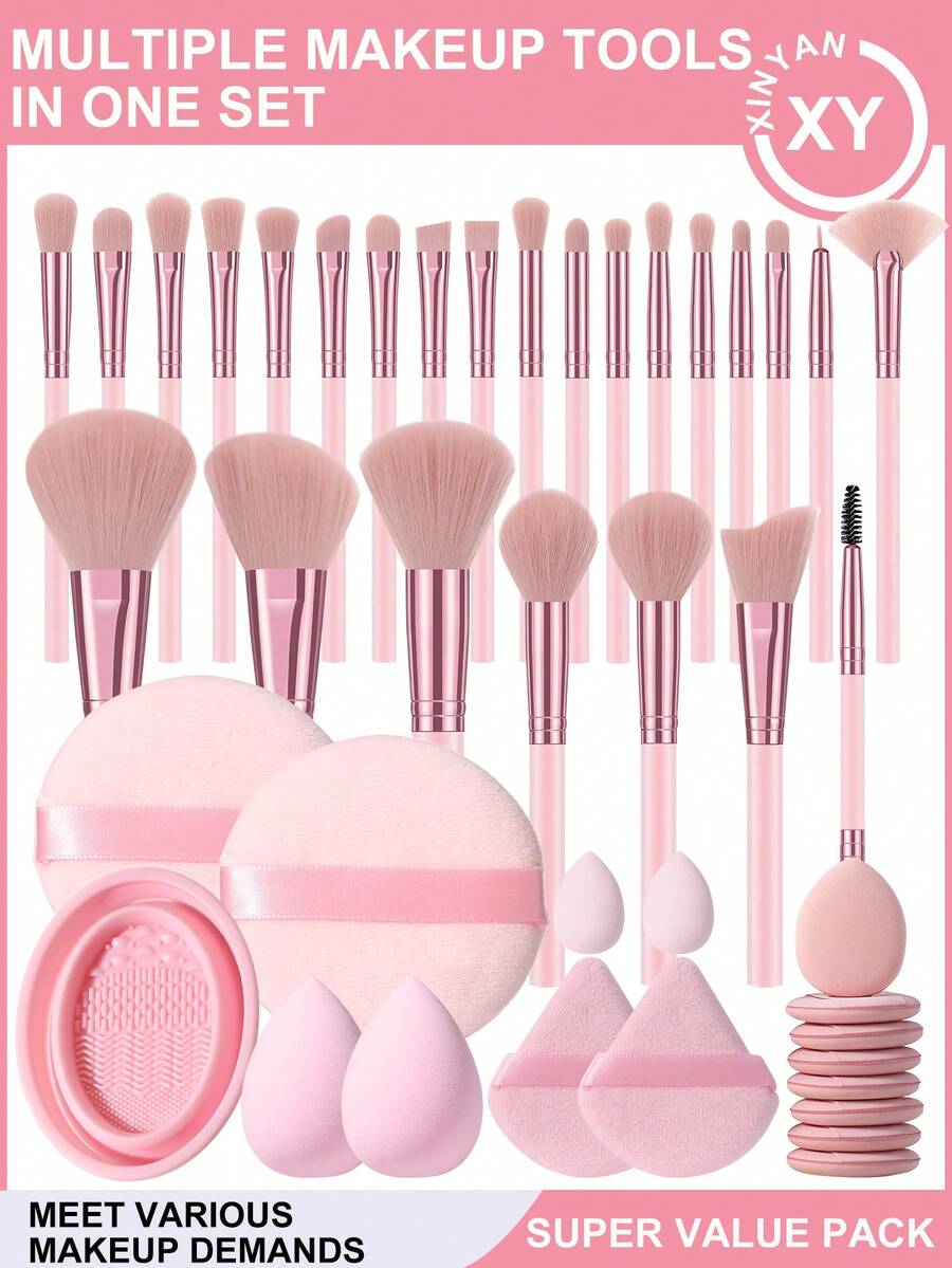 42件套化妆工具套装，包括：25支化妆刷套装+2个化妆海绵+2个迷你化妆海绵+2个三角粉扑+8个迷你气垫粉扑+2个圆形粉扑+1个化妆刷清洁工具 - 粉色 - 查看 1