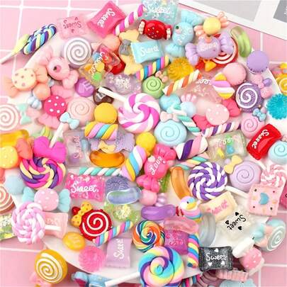 30/50/80/100pcs Multi-Color Whimsical Candy Resin Jewelry Set - Vibrant Sweet-Themed Decorations Suitable For DIY Crafts And Scrapbooking