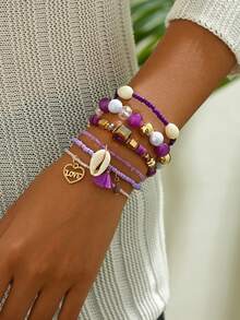 1 Set LOVE Metal Pendant Tassel Shell Bracelet, Bohemian Style Beach Vacation Wear - Multicolor - View 1