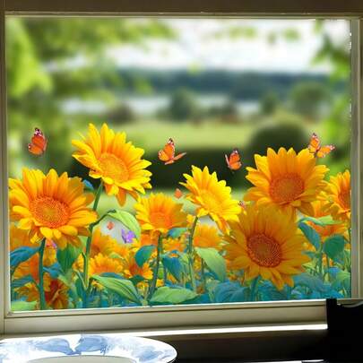 1pc Sunflower Butterfly Window Sticker 3D Realistic Adds Vitality To Balcony Windowsill Spring Decorative Sticker
