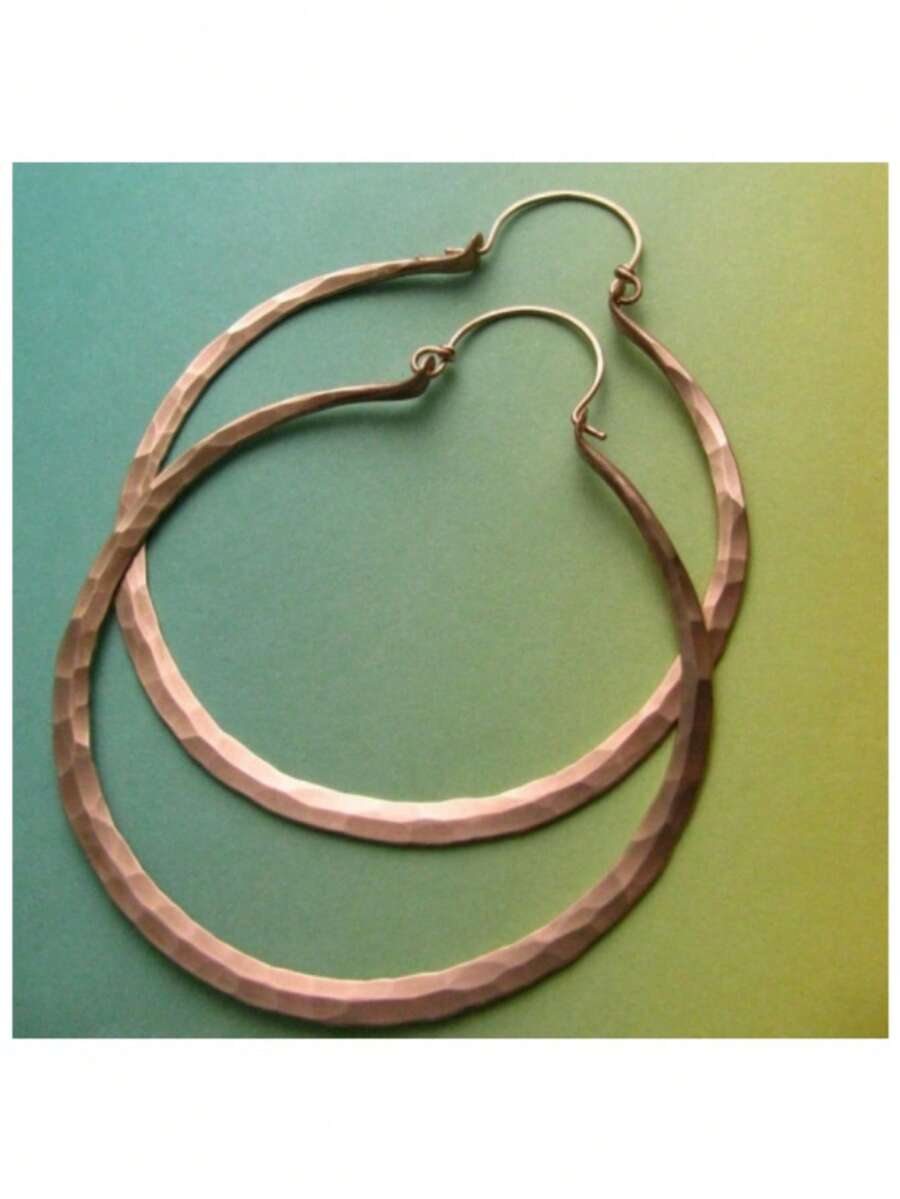 1 Pair Classic Minimalist Handcrafted Hammered Texture Round Hoop Earrings, Vintage Everyday & Party Accessory For Women - Rose Gold - View 1