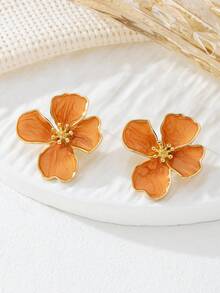 1 Pair Vintage French Style High-End Orange Enamel Flower Earrings, Suitable For Girls To Wear Daily, Festivals, Vacation - Orange - View 2