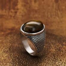 1pc US Size European And American Hot-Selling Personalized Fashion Tiger Eye Natural Stone Stainless Steel Ring, Suitable For Friends, Colleagues, Dad, Mom, Boyfriend, Couples - Silver - View 6