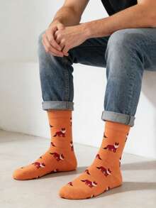 1 par de calcetines de media pantorrilla para hombres con patrón de zorro rojo sobre base naranja, versátiles para todas las estaciones - Multicolor - Ver 5