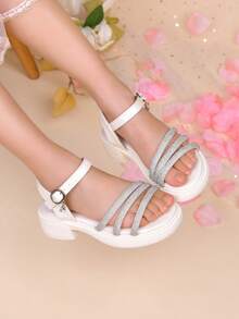 Children's Sandals, Summer Girls' Rhinestone Princess High Heel Shoes, Student Fashion Soft Bottom Performance Dance Shoes - Beige - View 1