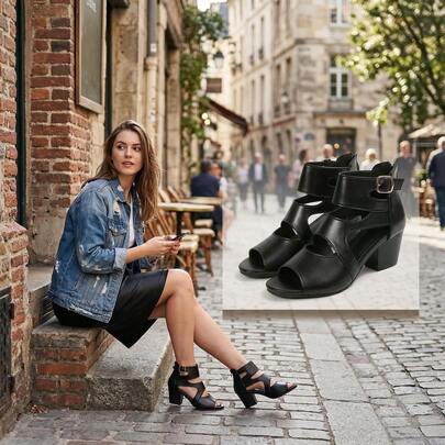 2026新款女士粗跟凉鞋靴，夏季露趾中筒搭扣罗马鞋，黑色百搭镂空时尚款，不易疲劳，后拉链，大码黑色