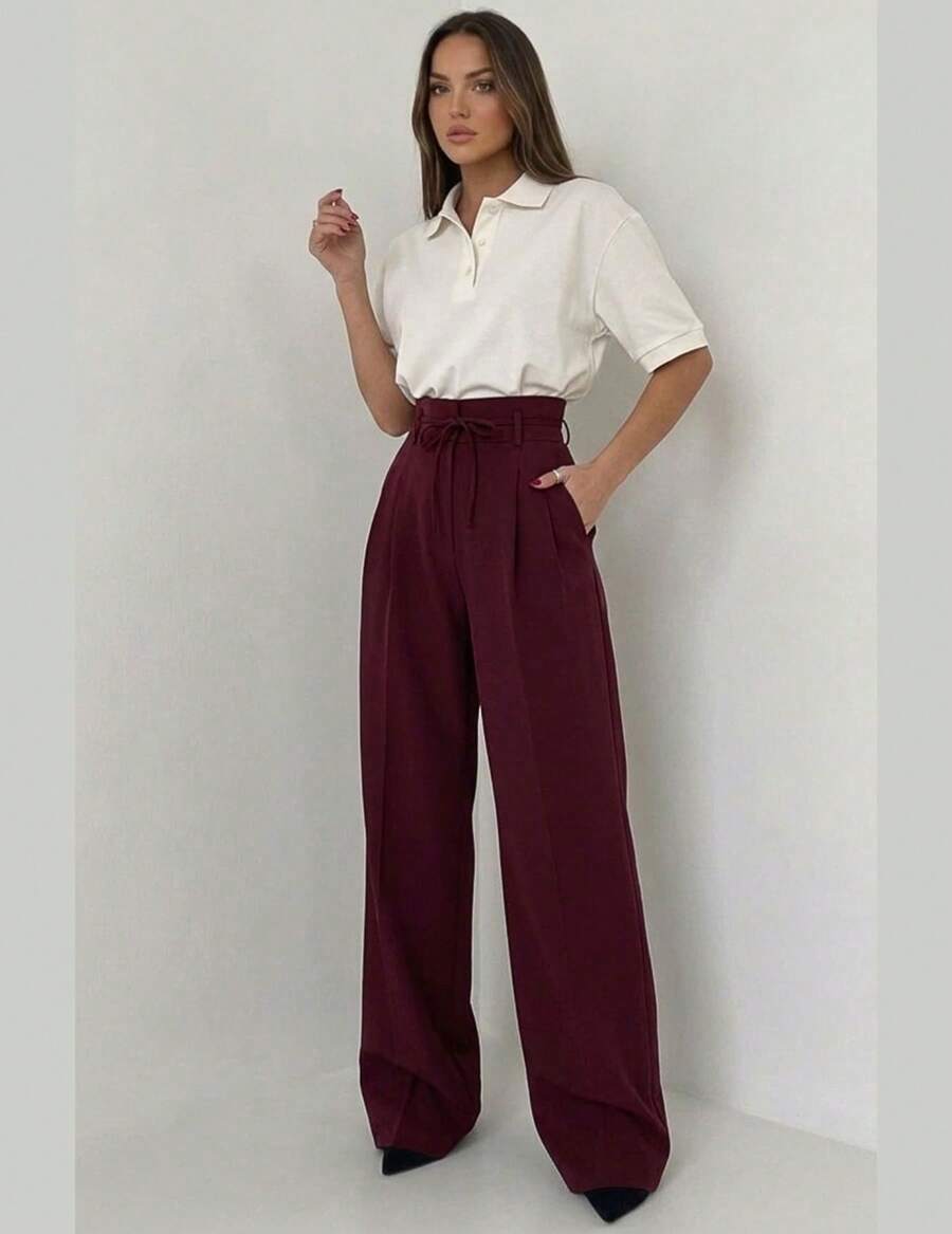 Women's High-Waisted Wide-Leg Trousers, Elegant And Comfortable, Tailored, With Belt And Tie Closure, Suitable For Office Wear In All Seasons. - 酒紅色 - 查看 1