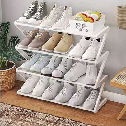 1pc 4-Tier Z-Shaped Shoe Rack, Plastic Freestanding Storage Shelf, Multi-Function High Capacity Storage Rack, Easy Assembly Floor Standing, No Tools Required, Stackable, Essential For Home & Dorm, Space Saving, Organize Shoes, Boots & Miscellaneous, Suitable For Hallway, Wardrobe, Living Room, Bedroom
