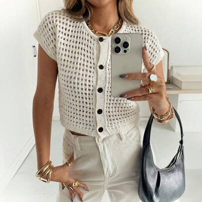 Just Masa 夏季纯色性感镂空设计短款针织上衣，适合海滩度假、休闲穿着和日常穿着。