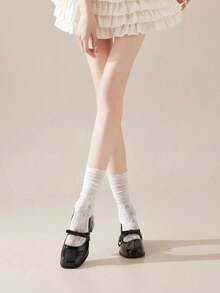 3 Pairs Of Lovely Lace Socks Women Mid-Calf Socks, Hollow Out Flower Edge Short Socks, Solid Color Pile Socks, Straight Loose Socks, Fall - Nhiều màu - Xem 3