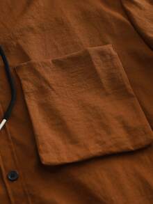Women's Casual Solid Color Hooded Drawstring Pocket Front Button Shirt, Daily Wear - Brown - View 5