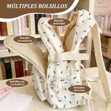 Mochila Escolar Blanca Kawaii con Estampado Orquídeas Azules y Peluche Oso para Mujer | Tela Duradera, Cremallera Bidireccional, Asidero Ancho, Reforzamiento Triangular, Bolsillos Organizados y Cinturón de Sujeción para Maletas | Ideal para Colegio, Viajes y Usos Cotidianos - Rosas - Ver 5