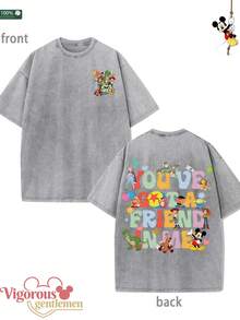 Disney FRIENDS Pattern Gray T-Shirt Summer Clothing  Vintage Washed 230g Pattern T-Shirt - 灰色 - 查看 1
