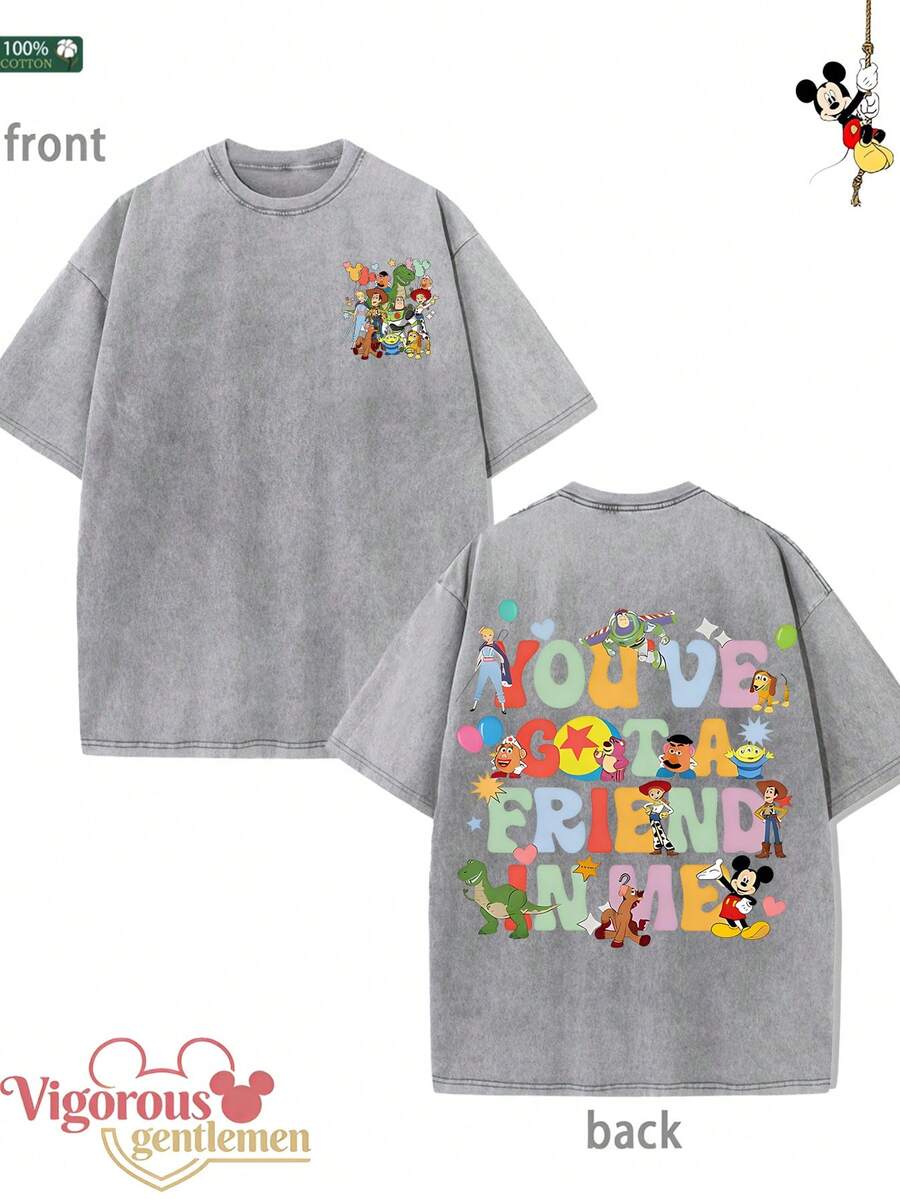 Disney FRIENDS Pattern Gray T-Shirt Summer Clothing  Vintage Washed 230g Pattern T-Shirt - 灰色 - 查看 1