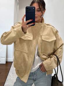 Women's PU Leather Jacket, Bomber Jacket, Zipper Jacket, Suitable For Autumn & Winter, Street Style Outerwear - Champagne - View 1