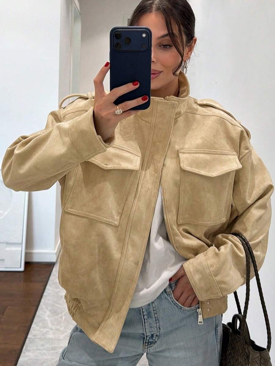 Women's PU Leather Jacket, Bomber Jacket, Zipper Jacket, Suitable For Autumn & Winter, Street Style Outerwear - Champagne - View 1