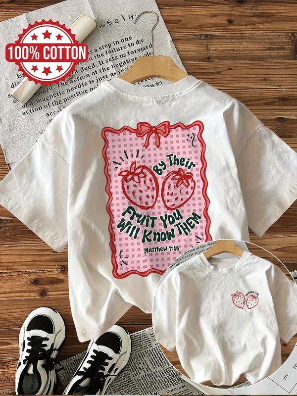 Women's Christian Pattern T-Shirt - You Will Know Them By Their Fruit (Matthew 7:20) - White With Red Strawberries - Soft Round Neck Everyday Top - Machine Washable, Suitable For All Seasons, Faith Fashion, Cute Aesthetics, Breathable Fabric, Short-Sleeve T-Shirt, Faith Community